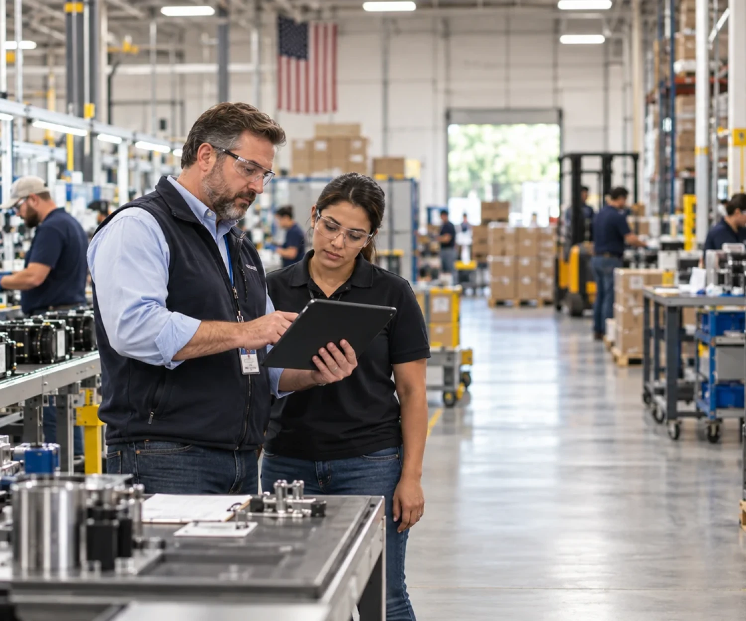 Manufacturing plant leaders reviewing operational data beside an active assembly line.