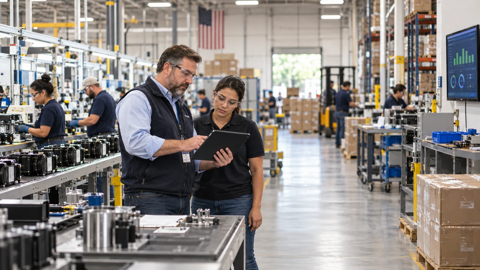 Manufacturing leaders reviewing operational data on a plant floor, representing Darrah Electric’s Business Central rescue and modernization