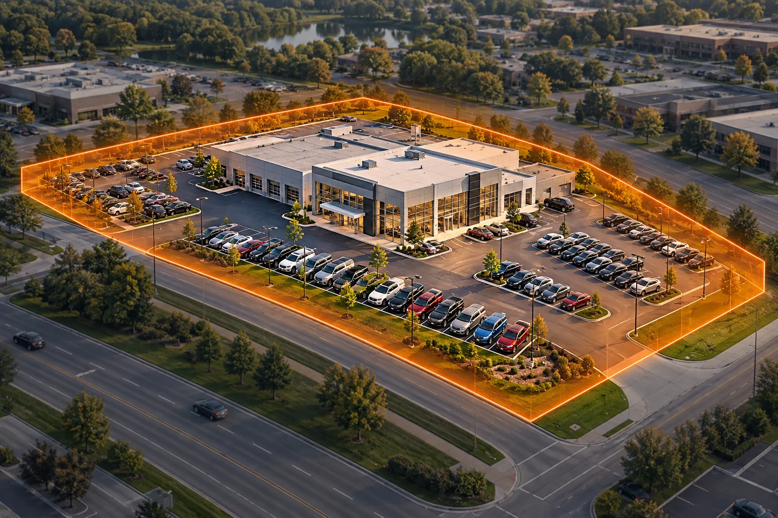 Illustrative aerial view of a fictional dealership with an orange geofence around its showroom and vehicle lot