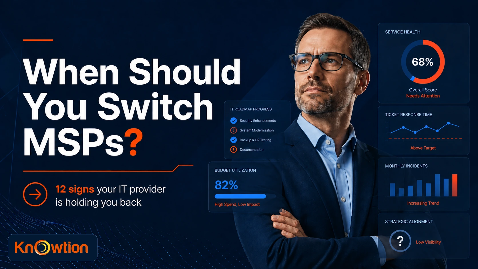Business leader evaluating whether to switch managed service providers based on IT performance, security, cost and strategic alignment.